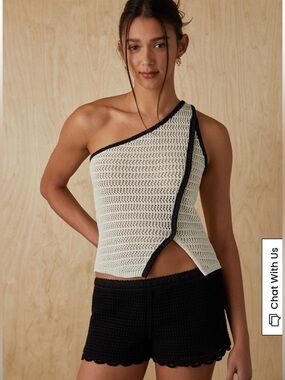 PacSun Cream One-Shoulder Crochet Tank with Black Trim